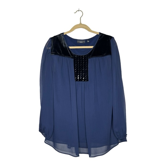 SUSAN GRAVER ARTISAN EMBELLISHED Blouse Blue/ Black ‎ Long Sleeve  Size 12 - Picture 1 of 11